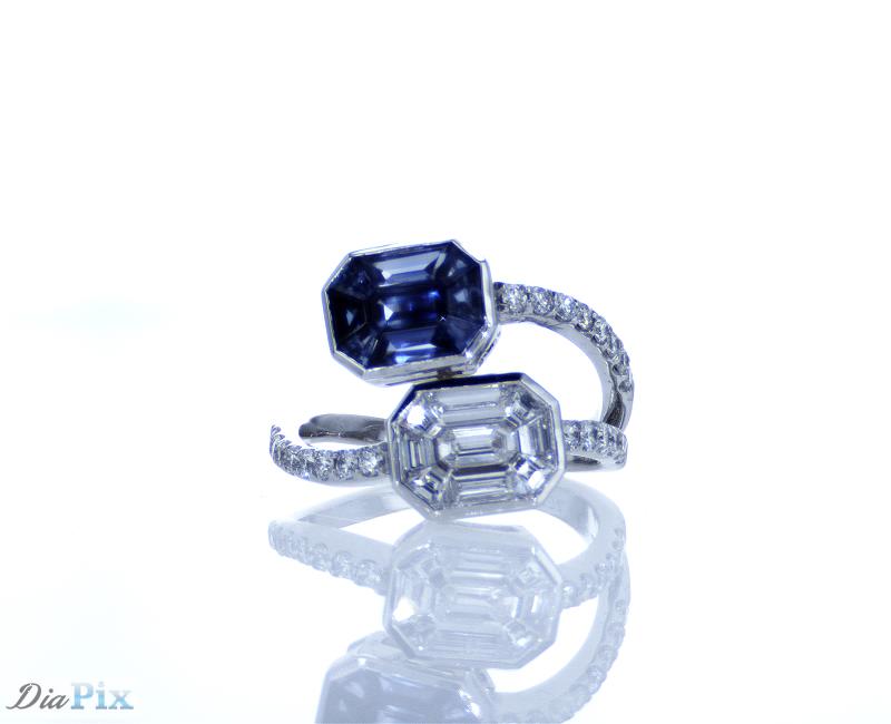 Ring 18kw gold s/w pie cut diamond &pie cut sapphire